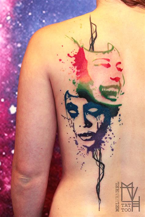 Happy sad drama masks splash tattoo by Mel van Hel by Electronic-Sin on ...