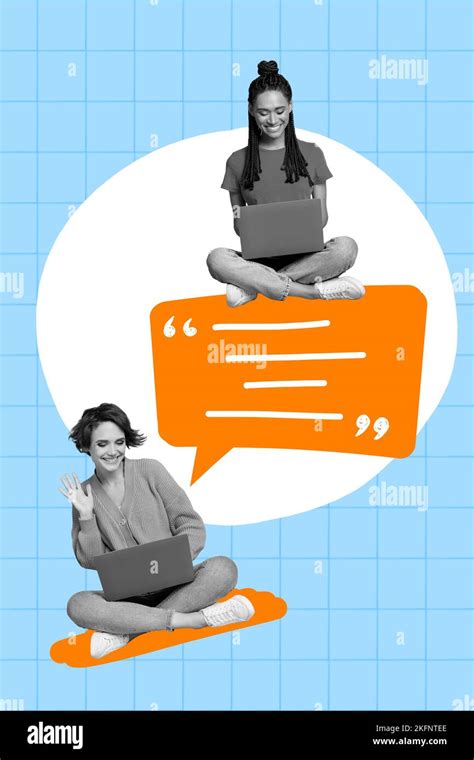 Vertical creative collage photo of two beautiful girls talking on video