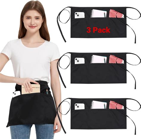 3 Pack Waist Apron with 3 Pockets, Unisex Black Waiter Aprons, Water