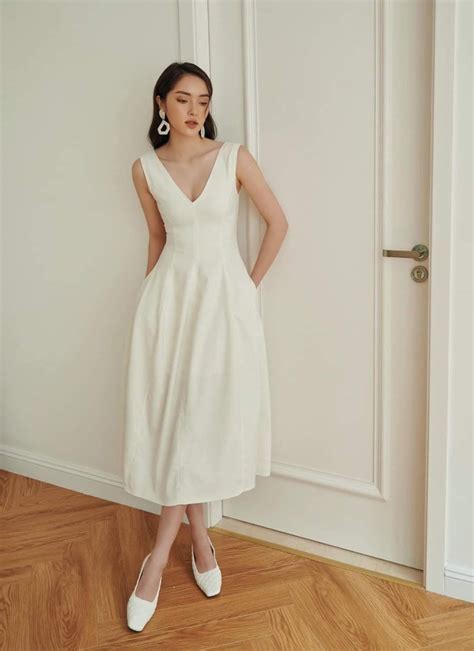 Wedding Guest Midi Dress With Pocket - V Neck Linen Dress - Sleevesless ...