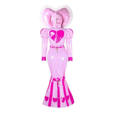 fondcosplay Lockable Heavy PVC Pink Sissy maid Gown with Heart Hood