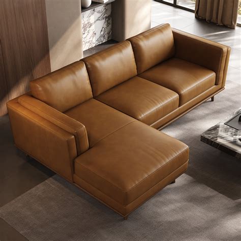 90.9'' Mid Century Modern Genuine Leather Sectional Sofa