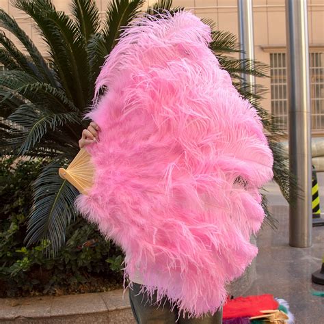 Customized Pink Ostrich Feather Fan 13Bone Hand Feather Fan Foldable ...