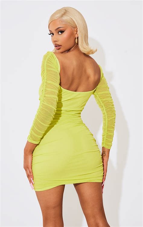 Lime Mesh Ruched Sleeve Halterneck Bodycon Dress | PrettyLittleThing