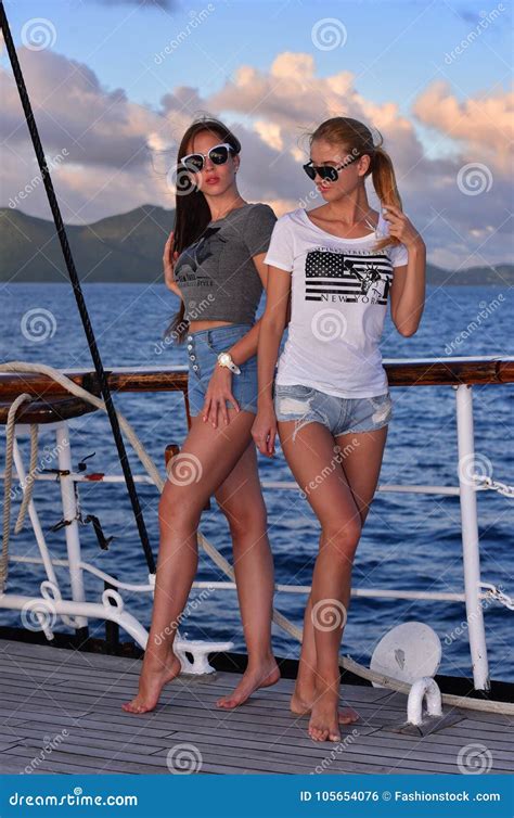 Young Pretty Women Sailing on the Boat in Tropical Country. Stock Photo ...