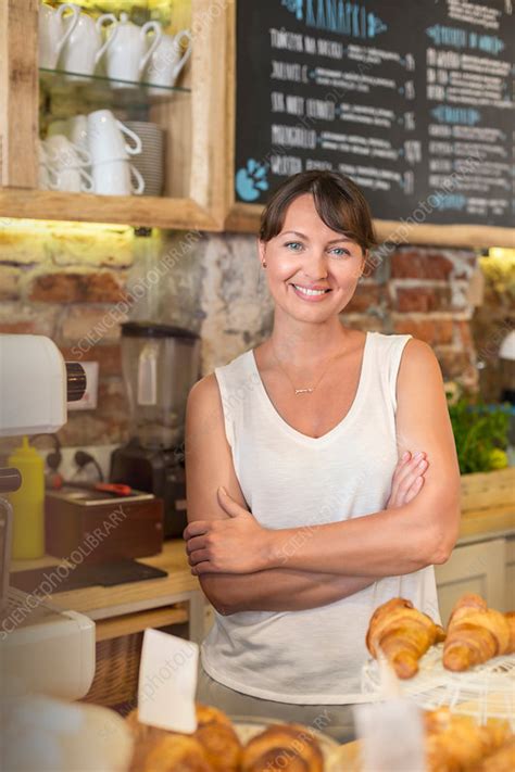 portrait smiling cafe owner stock image  science photo