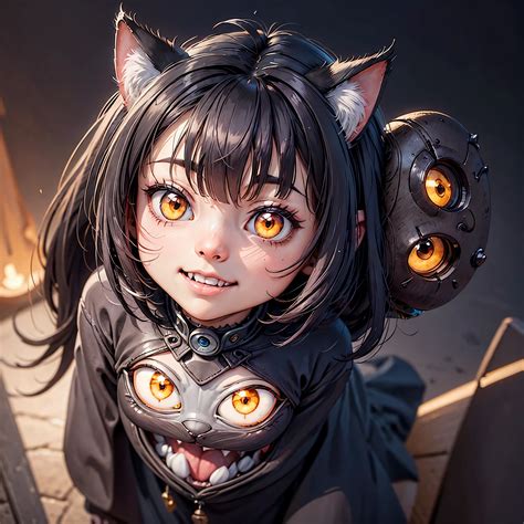 Anime girl with cat ears and yellow eyes posing for a picture - SeaArt AI