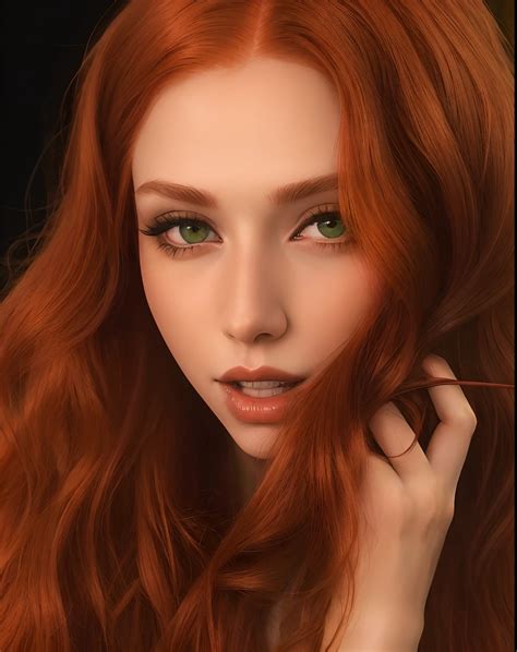 a close up of a woman with long red hair, with red hair and green eyes