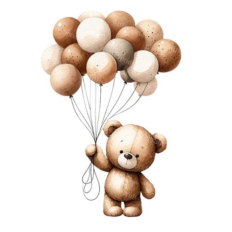 Watercolor Teddy Bear Clipart With Balloons - Digital PNG for Baby