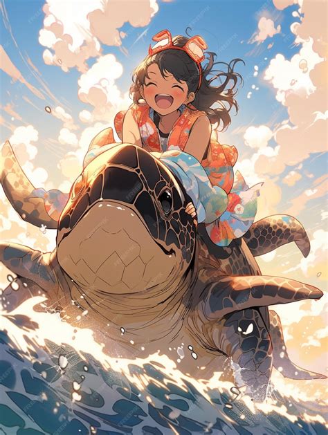 Premium AI Image | Anime girl riding a turtle in the ocean with a life