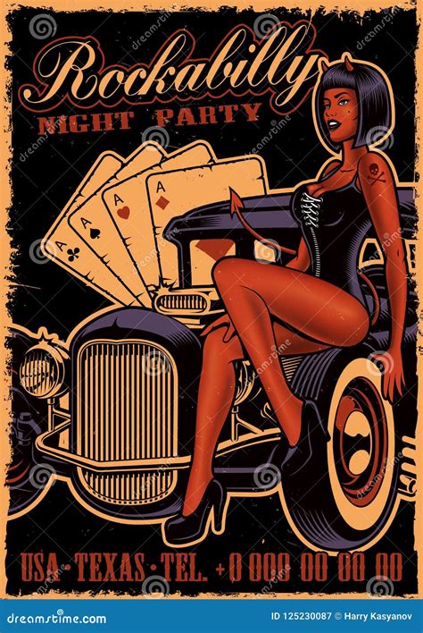 Vintage Poster with Girl Devil on the Classic Car. Stock Vector - Illustration of cartoon ...