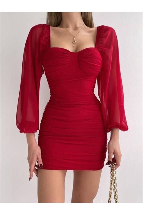 Afiş Butik Kırmızı Uzun Tül Kol Detaylı Drapeli Elbise Fiyatı ...