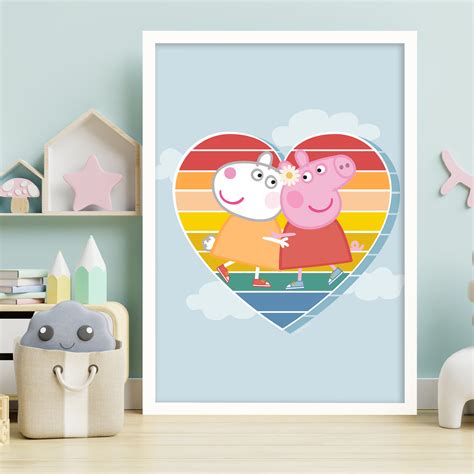 Peppa Pig Print - Peppa and Suzy Rainbow Heart and Clouds Poster Wall
