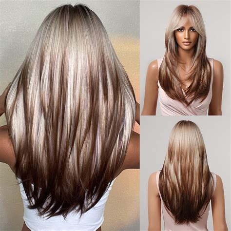Allbell Long Straight Wigs for White Women Brown Highlight Mixed Gray