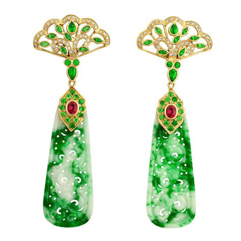 Crevoshay Jade Spinel Tsavorite Diamond Gold Fan Earrings | Bijoux