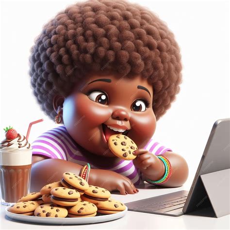 Funny cartoon for a beautiful and colorful chubby girl eating a cookie