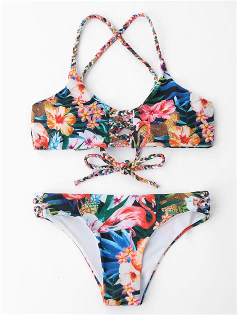 Women Sexy Bikini Set Two Pieces Floral Suit Braided Strap Custom
