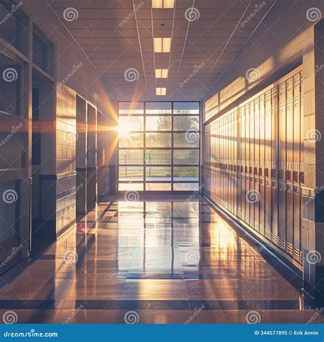 Quiet Corridor with Lockers and Sunlight Streaming through the Windows