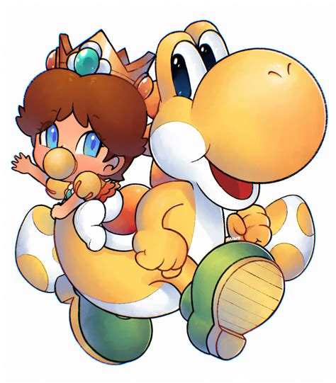 princess daisy, yoshi, and baby daisy (mario) drawn by saiwo