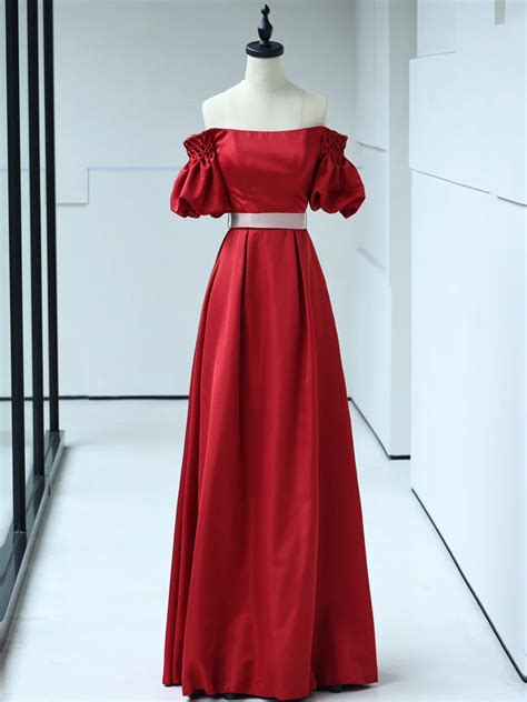 Short Sleeves Burgundy Satin Long Prom Dresses, Wine Red Satin Long Fo