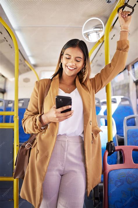 Premium Photo | Bus happy woman and phone with public transport social