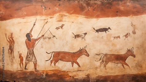 Ancient cave paintings of cavemen hunting animals Stock イラスト | Adobe Stock