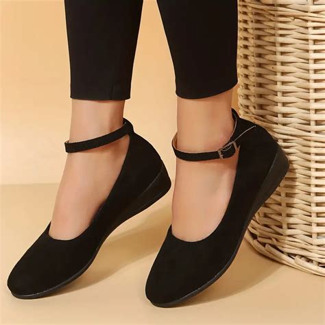 Women's Wedge Heel Ankle Strap Shoes Solid Color Soft Sole - Temu