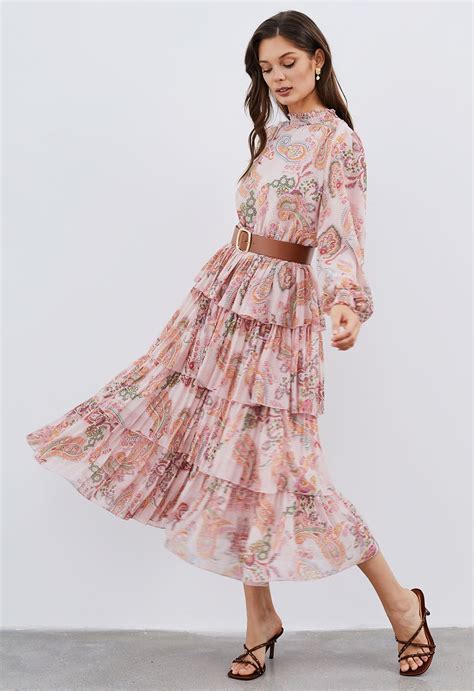 Paisley Printed Belted Tiered Chiffon Dress in Pink - Retro, Indie and