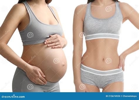 Barriga Pos Parto Antes E Depois - Mulher Antes E Depois Do Parto Sobre Fundo Branco Vista De Aperto Da ...