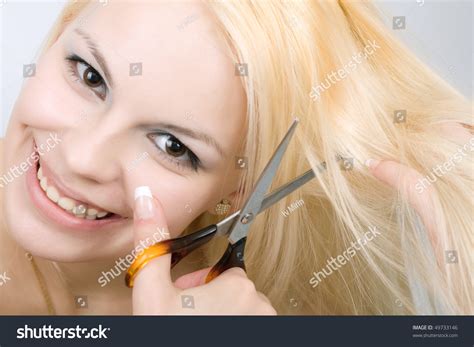 Beauty Young Blonde Women Cutting Self Hair By Scissors Stock Photo 49733146 : Shutterstock