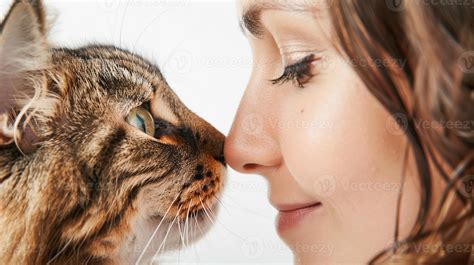 AI generated Close-up of the girl and her cat touching noses