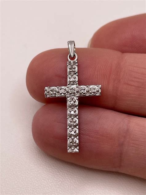 Vintage 14K Diamond Cross Pendant, Solid White Gold, 12 Diamonds