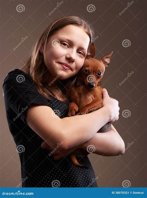 Pretty Teenager Girl with Little Doggy Stock Image - Image of cheerful
