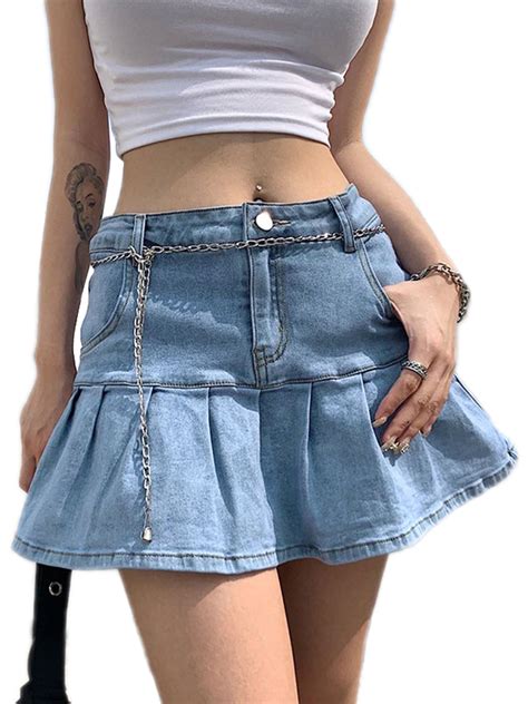 Women's Spandex Ruffle Denim Mini Skirt, Low Waist Pleated A-line Jean