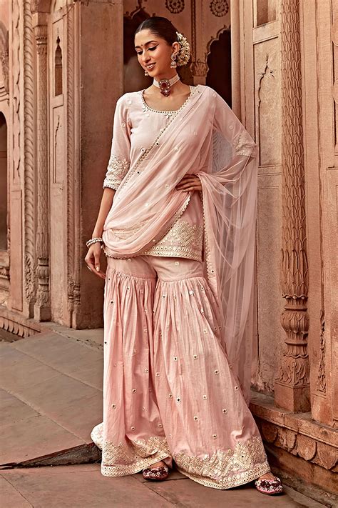 Buy Pink Peplum Top Cotton Mulmul Embroidery Thread Kurta Sharara Set ...