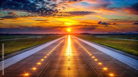 airport runway lined  lights extending   sunset sky airport