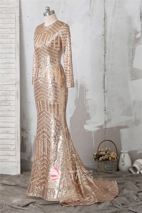 Gold Sequin Crew Neck Long Sleeve Mermaid Prom Dress - Lunss