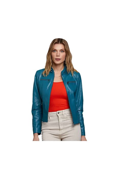Sierra Skye Egan Women's 100 % Real Blue Leather Biker Style Jacket