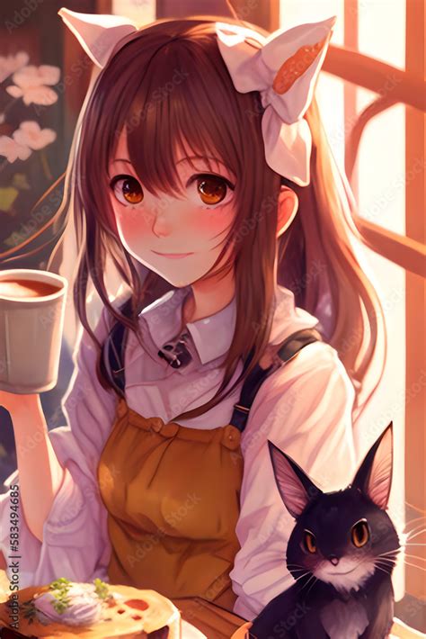 cute cartoon girl in a coffee shop, anime style girl in a cafe ...