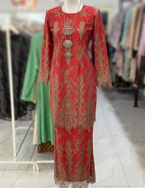 bainon kurung lace premium red brick apple couture