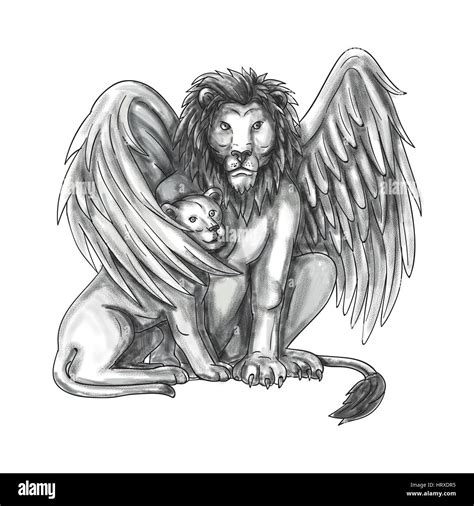 Tattoo style illustration of a winged lion, a mythological creature ...