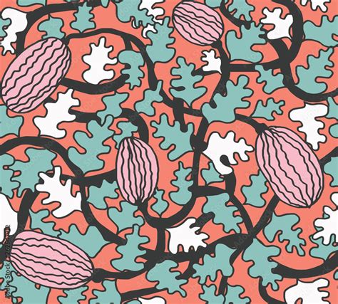 Simple outline watermelon seamless pattern in coral and green. Messy ...