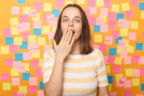 Horizontal Shot of Surprised Caucasian Woman Wearing Striped T Shirt ...