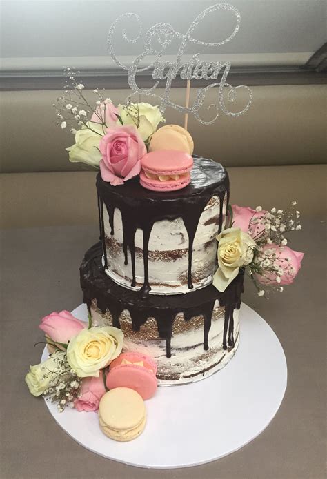 Semi Naked 18th Birthday Cake with Macarons and Flowers