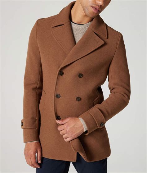 Men's Casual Brown Wool Peacoat with Leather Collar Detail
