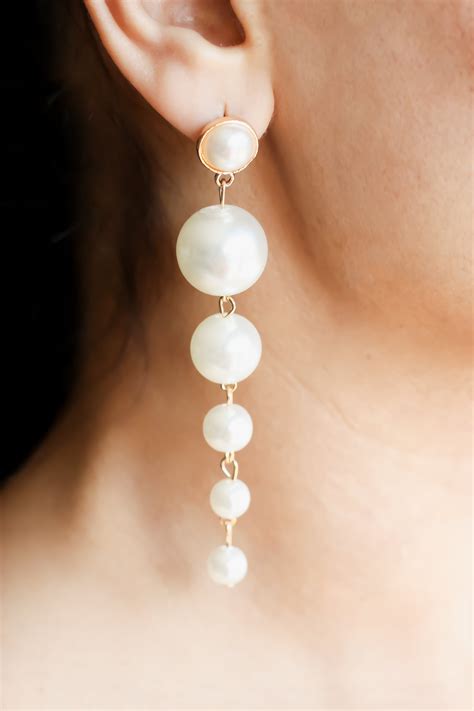 Long Pearl Drop Statement Earrings- White | Long pearl earrings, Faux