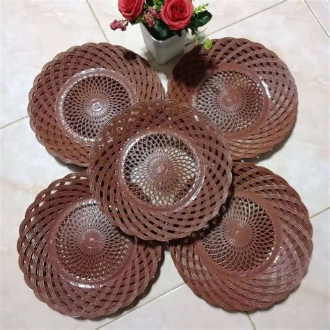 jual  pcs piring rotan motif anyaman  lusin piring saji rotan