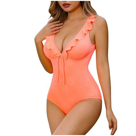 WREESH Womens Ruffle One Piece Swimsuit Deep V-Neck Swimsuit Set Beach