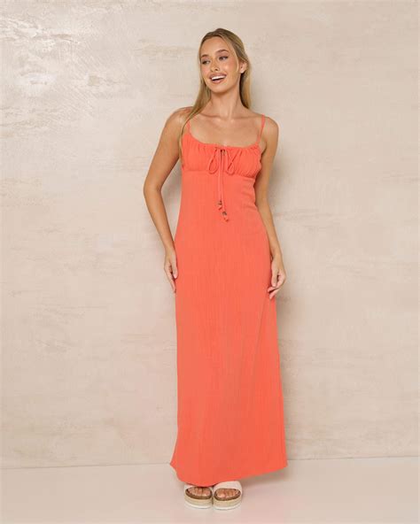 Shop Rhythm Austin Gathered Maxi Dress In Coral - Fast Shipping & Easy