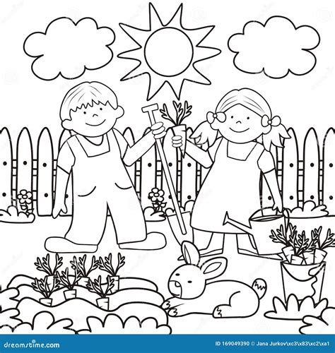 Children in the Garden with Rabbit, Coloring Book, Eps. Stock Vector ...